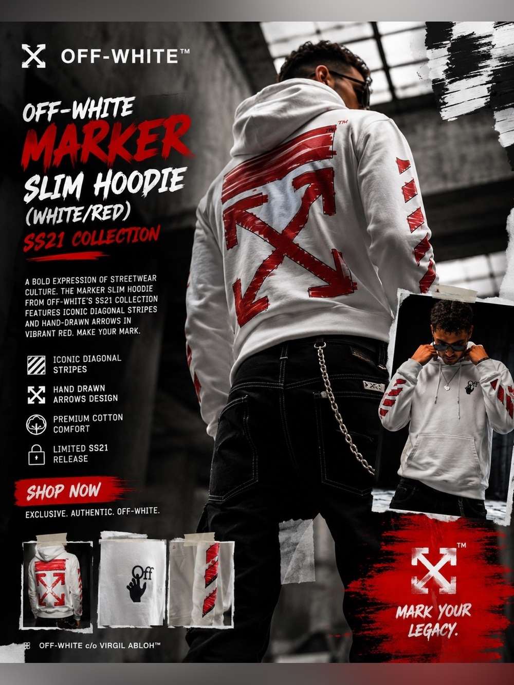 Off-White Marker Slim Hoodie (White/Red) from the (SS21) collection!🔥New! XL